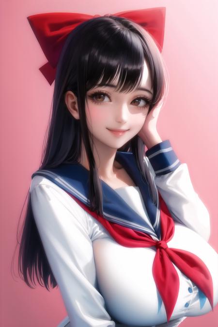 1girl, black hair, blue sailor collar, bow, brown eyes, sakimichan, closed mouth, hair bow, hand on own face, long hair, long sleeves, looking at viewer, neckerchief, red bow, red neckerchief, sailor collar, school uniform, serafuku, shirt, smile, solo, upper body,huge breasts