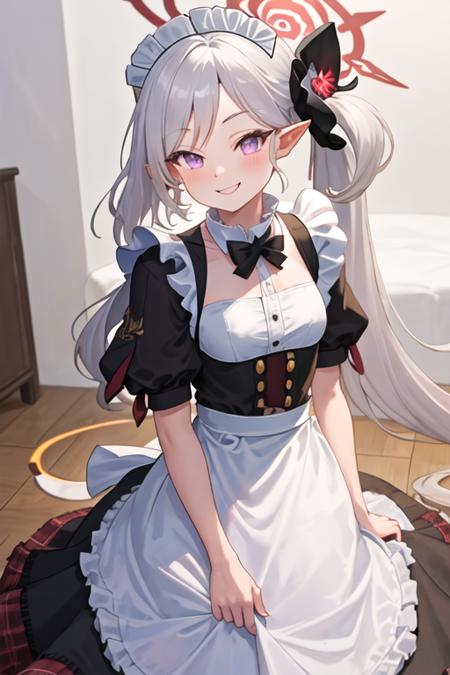 best quality, masterpiece, highres, solo, {maid:1.40}, {long maid dress:1.15}, {mutsuki_bluearchive:1.15}, long_hair, hair_ornament, smile, halo, bangs, purple_eyes, white_hair, side_ponytail, blush, hair_flower, flower, grey_hair, pointy_ears