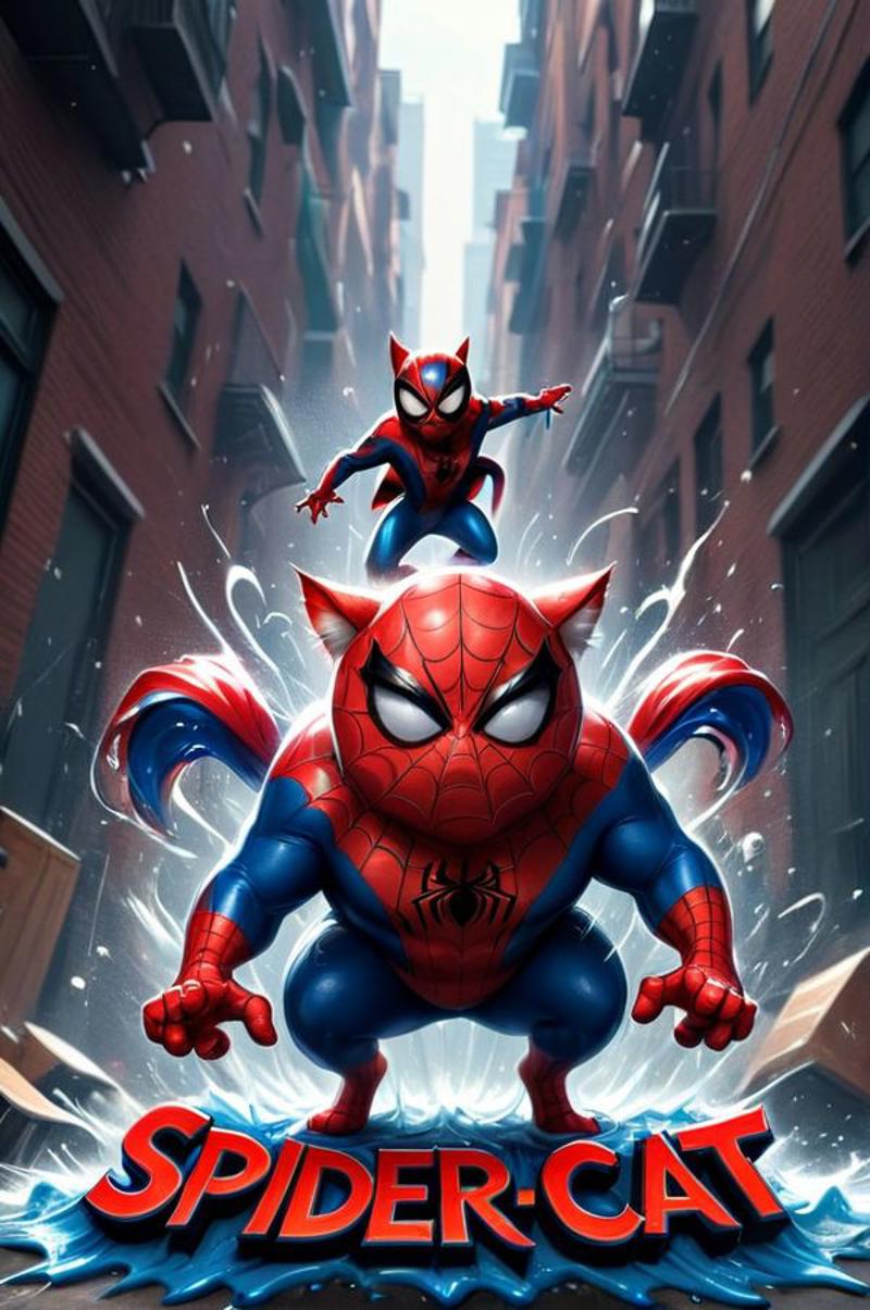 A Spiderman comic book cover featuring a large, muscular spider-cat and two smaller spider-cats.