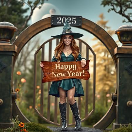 photo realistic mysterious friendly looking beautiful witch wearing green leather dress clothes and overknee boots holding a wooden sign where is written on "Happy New Year!", standing in front of a omega formed gate where above on a plate it is printed "2025". in the background is an enchanted colorful forest with marvelous flowers plants, At the sky are planets