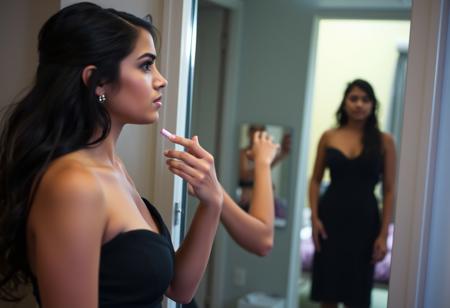 A young woman, Priya, stands in front of a full-length mirror, her expression a mix of apprehension and determination. She is in her dorm room, getting ready for a party, and the mirror reflects her elegant yet understated black dress. Her heart pounds as she applies a light coat of lipstick, her hand trembling slightly. The room is softly lit, creating an atmosphere of anticipation and uncertainty.