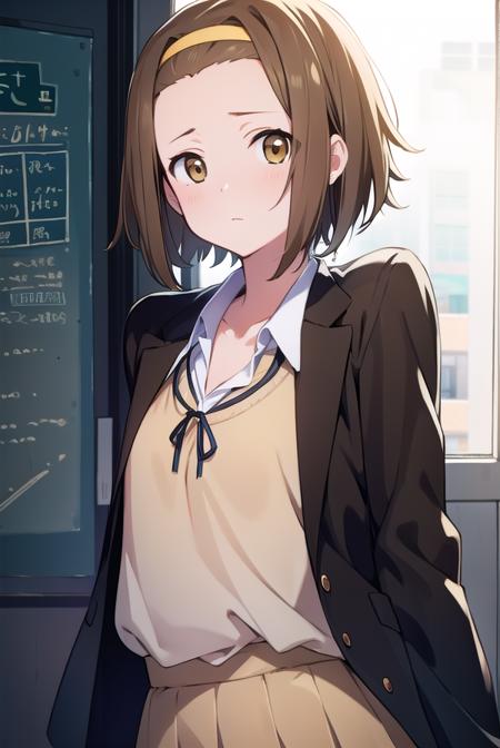 ritsutainaka, <lora:ritsutainakatest:1>, ritsu tainaka, (brown eyes:1.7), light brown hair, (forehead:1.5), hairband, short hair, (flat chest:1.2), BREAK sakuragaoka high school uniform, school uniform, BREAK looking at viewer, BREAK indoors, classroom, BREAK <lora:GoodHands-vanilla:1>, (masterpiece:1.2), best quality, high resolution, unity 8k wallpaper, (illustration:0.8), (beautiful detailed eyes:1.6), extremely detailed face, perfect lighting, extremely detailed CG, (perfect hands, perfect anatomy),