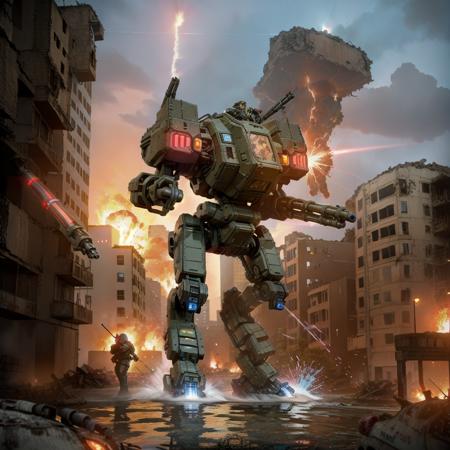 <lora:mechav3_lora_47700:1>, photorealistic, mecha28, mecha, robot, realistic, red skin,  no humans,weapon, cannon, motor vehicle, gun, solo, tank, missile pod, walking, city, ruins, fire, shoulder cannon, missile pod, gatling gun, firing, explosion, cockpit windows, damage