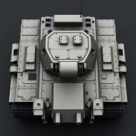 ((top view)),
Rectangular medium-frame tank with a central turret ring and squared rear. Balanced proportions.
Chassis: Heavy steel-alloy armor, boxy form with minimal flare. Flat surfaces with visible bolt seams.
Tracks: Dual tread system, wide with exposed side plates, slight overhang to emphasize durability.
Details: Side-mounted universal hardpoints, rear exhaust vents with grooved covers, and modular port hatches on flanks.
Lights: Square, recessed headlights on the front plate. Small red beacon on the rear turret mount.