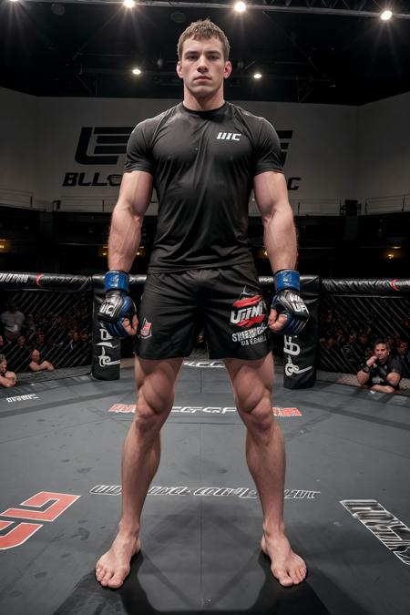 UFC fighting ring, standing in the ring, very sweaty LoganRobbins, wearing  sweaty black shirt, UFC Venum shorts, UFC fighting gloves, masterpiece, fighting stance, (((full body portrait))) , wide angle. <lora:LoganRobbins:0.75>