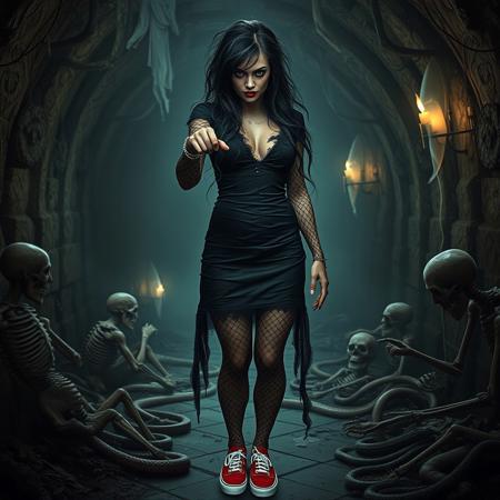 Real Life, realistic, extremely detailed digital_photography, realistic_lighting, 
a spooky dungeon, skeletons and corpses, snakes, ghosts in the background
a female Frankenstein's monster, standing in a sexy spooky pose, one hand pointing at the camera in a menacing way
bright red lipstick, long black messy hair, 
old torn black dress covered in spiderwebs, torn fishnet stockings, (((red-canvas-Vans-Authentic-sneakers))),
full body visible, sneakers visible, perfect anatomy, perfect legs