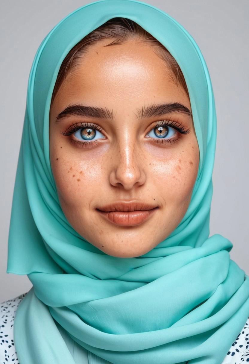 a woman realstic with brown hair ,hazel blue eyes , brown skin , light freckless ,influencer instagram, belarusian, hijab