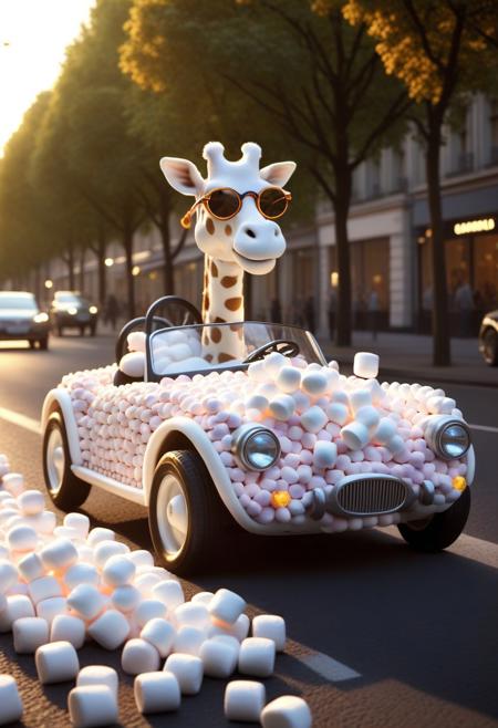 (made of marshmallows:1.3), giraffe driving on cute small marshmallows classic sports car, (wear round goggles:1.2), wear marshmallows suit, thumbs up, from side, in city street, cinematic, cinematic lighting, (masterpiece, best quality:1.4), ultra-high res, 4k, insanely detailed, sfw,