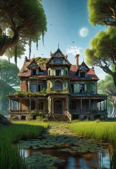 hd, 8k, masterpiece, award winning illustration  of an abandoned mansion covered with grass in a swamp, dungeons and dragons style, fantasy, group of adventurers outside, intricate details, heroic fantasy, spooky, fandist,