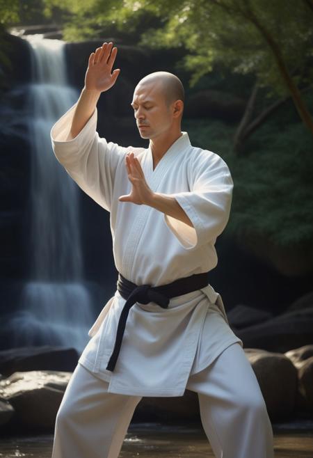 a Caucasian Zen practicing tai chi, eyes closed wearing a judogi, in Yang position, sunny exterior, forest and waterfall background, 16k, masterpiece, highly detailed photo-realistic oil painting by Greg Rutowski, cinematic lighting