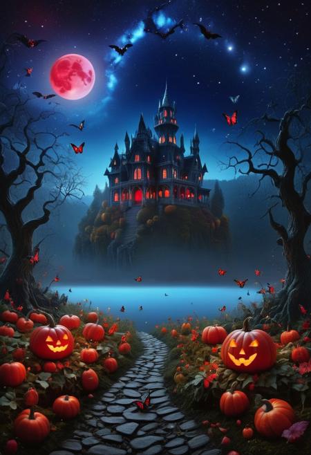 masterpiece, best quality, mysterious dark enchanting forest with ((halloween pumpkins:1.3)) and ((colorful butterflies:1.4)) leaving a trail of magical pixie dust behind, a crystal clear lake shredded in a fog and a an ethereal glow at night with a ((galaxy sky embrodeiry and red moon:1.5)) with an old haunted mansion on a hill behind and bats flying, 8k, masterpiece, best quality, vivid colors, 32 bit colors, high texture resolution, soft lighting, epic, dark fantasy style, breathtaking, visually impressive, stunning composition, mesmerizing, hypperrealistic, digital art, trending at artstation