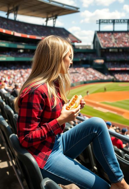 RAW realistic Photo of a stunningly beautiful blonde sitting in the stands of a baseball game on a sunny afternoon. She is wearing a red plaid shirt and blue jeans.   She watches the game as she eats a hot dog, mustard dripping down onto her shirt. Viewed from the side. The stadium is full of fans. the baseball game is visible in the background.