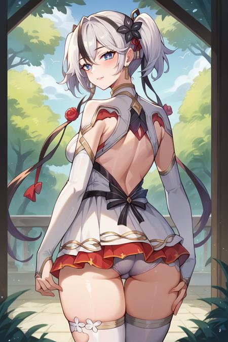 camellya, long hair, twisted hair, blue eyes, twintails, white hair, black streaks, hair flower, dress, white dress, jewelry , light smile, navel cutout, clothing cutout, flower thighhigh, white thighhigh,