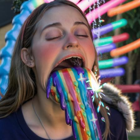 real photo of a ukj style girl, open mouth, giant  long liquid cgi rainbow blast fountain, best quality, 8k, soft lighting, realistic fur texture, dynamic shadows <lora:rainow_sdxl_ukjstyle_v111602-000003:1>