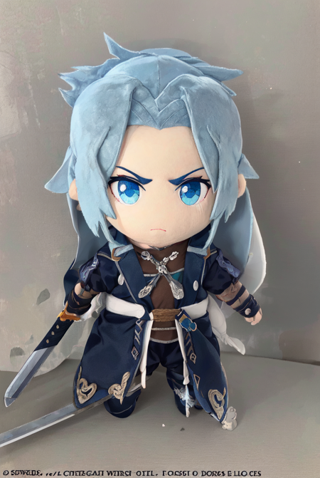 Toy Plushie, masterpiece, best quality,FF7, Sephiroth, 1boy, weapon, male focus, sword, solo, blue eyes, chibi, white background, grey hair, full body, armor, simple background, long hair, holding weapon, holding, looking at viewer, holding sword <lora:Toy_Plushies-10:1>