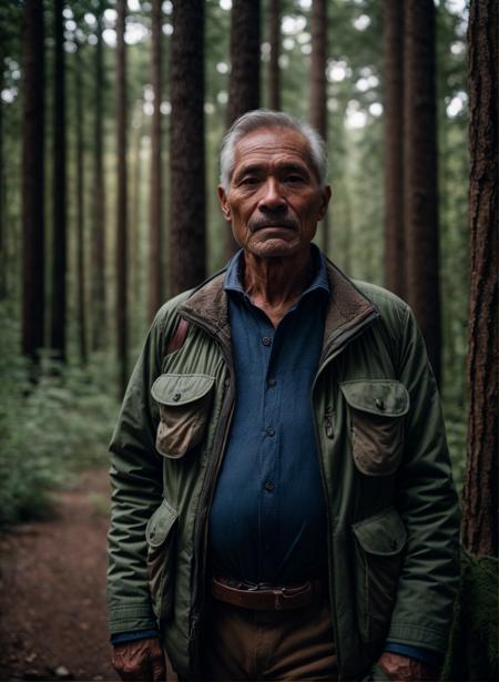 RAW photo, a portrait photo of 55 y.o man, traveler clothes, standing in the forest, natural skin, 8k uhd, high quality, film grain, Fujifilm XT3