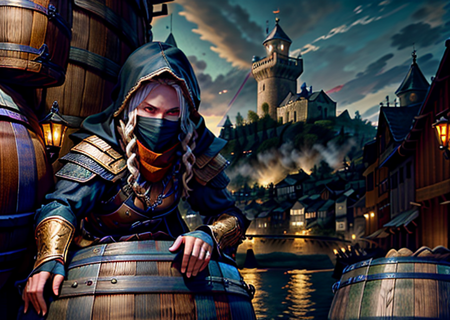 a thief crouch behind a barrel in medieval port, outdoors, medieval port in the background, roguemask ,full mask,tree,concreate port dock,masterpiece,1guy, sharp, ultra detailed, 8k,(high detailed face:1.2),(high detailed hand:1.2),(high detailed skin:1.2),  <lora:RogueMask:1>