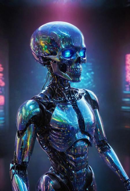 A highly detailed CGI image of a holographic blue-robot with glowing h4v_h0l0. The robot has a large, smiling blue face with big, expressive eyes and a small, open mouth, giving it a friendly appearance, circuit-like patterns on its forehead. female robot  entirely made of h4v_h0l0, featuring gold accents on the eye sockets and nose. The skull wears a vivid blue h4v_h0l0 suit jacket with a glossy finish, and a tie also constructed from h4v_h0l0. The design blends surreal and artistic elements, combining android and human traits with precision. The skull’s lips are closed, forming a calm, neutral expression. The background is a soft, sparkly gradient of red and green hues, giving the image a luminous, dreamlike feel. The skull has a smooth, polished surface, and the lighting is carefully arranged to highlight both the intricate keyboard structure and the reflective jacket. The composition is well-balanced and focused on the upper torso and skull, emphasizing artistic foreshortening and chromatic detail, in the style of contemporary light-based art installations, smoke h4v_h0l0 datacenter background. holographic blue-robot with glowing h4v_h0l0, android skull made of h4v_h0l0 with gold eye sockets and nose, blue h4v_h0l0 glossy suit jacket, h4v_h0l0 tie, soft sparkly pink h4v_h0l0 gradient background, polished textures, surreal and artistic CGI, neutral expression, foreshortening art, smoke h4v_h0l0 datacenter background