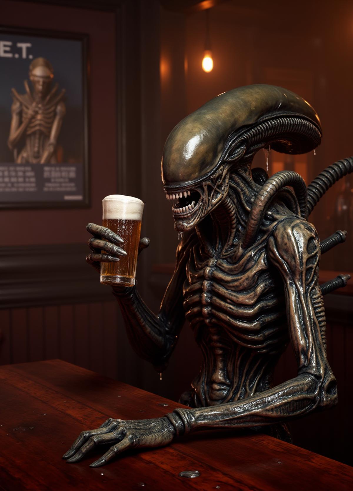 an alien xenomorph having a beer in a pub. his face is dripping wet. E.T poster in the background  <lora:Xenomorph:0.8>