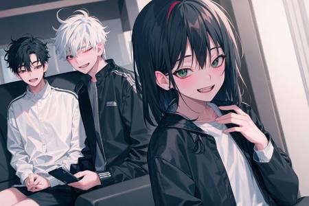 masterpiece, best quality, <lora:fstyle04-000005:1>,fstyle04, 1girl, smile, black hair, white hair, jacket, sitting, short hair, shirt, grin, 2boys, multiple boys, bangs, pants, long sleeves, black pants, hair between eyes, black shirt, white jacket, closed mouth, couch, spiked hair, black eyes, white shirt, open mouth, looking at viewer, black skirt, open clothes, skirt, hand up, indoors, v, hoodie, collared shirt, hood, green eyes, phone, open jacket, cowboy shot, grey jacket, 1boy