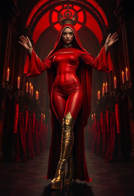 ((score_9, score_8_up, score_7_up)), (((character design, sci-fi warrior women, feminine power, perfect anatomy))), 
An enigmatic figure of a (occult)nun(caucasian), her red (skintight_sealed_bodysuit)habit sexy, conducting a sensual occult ritual inside a dark cathedral at (red)midnight. Her (eyeless)mask, elaborate crown, (fully)conceals her identity, adding to her mystique and allure. gold stiletto platform thigh boots, big breasts, tiny waist, flat abs, naughty, looking at viewer, seducing with her body, dancing towards viewer with her arms extending up, sexy ass seductive wide hips, butt cheeks, twerk, huge perky breasts, in the style of a vintage, high-contrast setting. Emphasize theatrical elements with a bit of bright colors against dark, moody backgrounds
,big butt, booty, bubble butt, <lora:add-detail-xl:2>