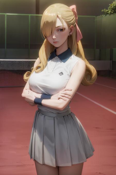 (masterpiece, best quality:1.2), <lora:sxf_frost_v11-20:0.7>, cowboy shot, solo, 1girl, fiona frost \(tennis\), expressionless, closed mouth, crossed arms, hair over one eye, white shirt, wristband, tennis court