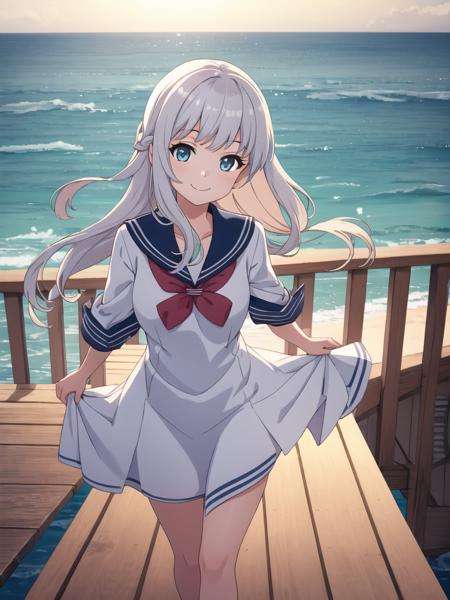 best quality,1girl,boardwalk,magnificent ocean background,smile,sailor dress,ribbons in hair,up close