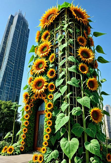 aidmamj6.1, Made of Sunflowers, A majestic skyscraper crafted entirely from vibrant sunflowers and lush green twigs, standing tall against a clear blue sky. The building's windows are made of translucent sunflower petals, casting a warm, golden glow inside. The doors are intricately woven from sturdy green twigs, blending seamlessly with the structure. Sunflower vines climb the sides of the skyscraper, adding a wild, organic beauty to its sleek, modern design. In the foreground, a pathway lined with smaller sunflowers leads to the entrance, inviting visitors to step into this botanical marvel. The scene captures the perfect harmony between urban architecture and nature's splendor.