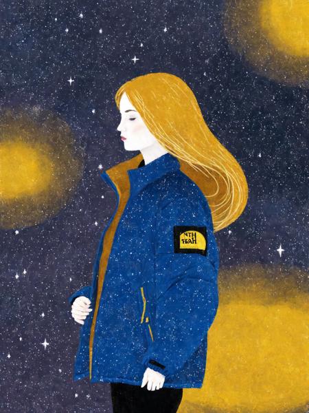 SerenityStyle, tnf, 1girl, standing, blond hair, long hair, jacket, starry background, <lora:SerenityStyle:0.6> <lora:TNFFIVE:0.8>