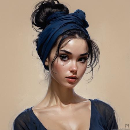 a woman with long black Messy bun with a headscarf  in the style of charlie bowater, dark blue and dark black, michael garmash, comic art, realistic color palette, dark black and beige, soft-focused realism