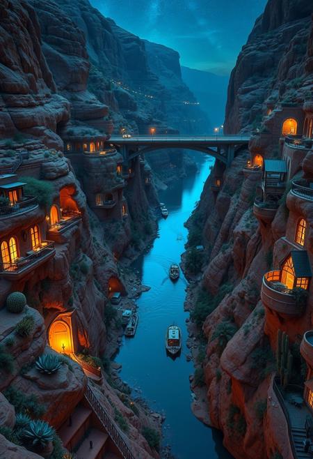 This is a photograph of city carved into the walls of a narrow red rock river valley.  The river has many tributaries, and meanders in many directions.  There are railed balconies and windows in the cliffs and several bridges that span the river at different heights.  There are boats and docks in the rivers, roads and doors along the shoreline, and an elevated freeway that runs in and out of various tunnels.  It is night and lights can be seen in windows, along roads, from cars, and on boats.  There are many desert plants and succulents on every ledge.  The buildings are ornate.  There is foliage everywhere.