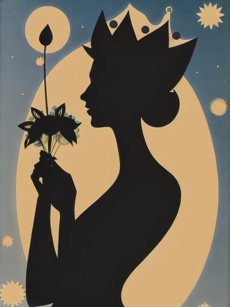 <lora:LotteReiniger:1>a silhouette of a woman holding a flower in her hand and a crown on her head by Lotte Reiniger