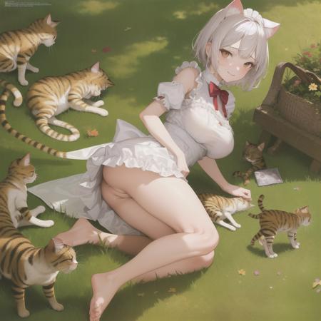 (best quality),(highly detailed),(masterpiece),(ultra-detailed),(absurdres),(((artbook))),((8k_wallpaper)),big ass,Bare thigh,huge_breasts,barefoot, 1girl, solo, animal ears, cat, barefoot,cat ears, one cat tail on the butt, short sleeves, , grass, short hair, smile, white hair, puffy sleeves, white dress, maid, sunlight, brown eyes, dappled sunlight,petite, outdoors, puffy short sleeves, bangs, full body, tearfully, crying, cats