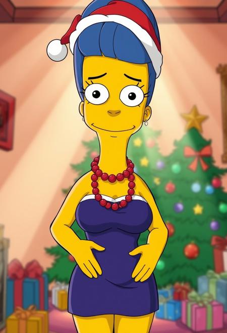 The simpsons, 1girl, m_s, Marge, solo, tall beehive hairstyle, round eyes with black pupils, black eyes, perfect tight breasts, Expressiveh, red pearl necklace, blue hair, yellow skin, sexiest pic on earth, perfect woman, goddess alive, marge perfect body, skindentation, showing boobs, dress pulled down to waist, christmas minidress, christmas, santa hat, santa costume, standing, sexy pose, adult pose, teasing, ((horny expression 0.2)), , front view, indoors, christmas tree, presents, small color light on christmas tree, christmas ornaments, sun-ray, depth of field, from above, upper body, detailed background, sharp background, master piece, Good color composition, great quality, (((perfect face))), ((perfect eyes)), perfect hands,