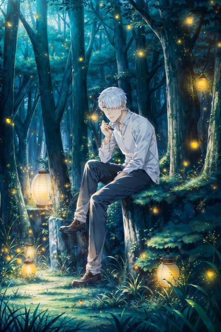 (masterpiece, top quality, best quality, official art, detailed:1.2),<lora:ginko-21:0.7>, ginko_soul3142, solo, 1boy, white hair. white shirt, green eyes, hair over one eye, sitting, male focus, outdoors, tree, night, grass, nature, scenery, forest, lantern, dark, fireflies