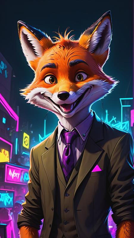 cyberpunk, line art, cartoon style, a mr.Fox, disney cartoon network, dark noir, horror, evil smile, at a rave party, neon, realistic, cartoon network character, comic painting, bold lines,  <lora:mr.Fox:0.8>