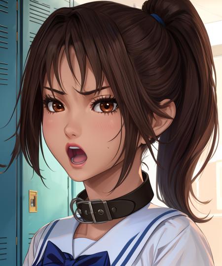 sastuki,brown hair,brown eyes,ponytail,collar,
white school uniform,serious,looking at viewer,open mouth,
locker room,dim lighting,
standing,
(insanely detailed, beautiful detailed face, masterpiece, best quality),solo,<lora:sastuki:0.8>,