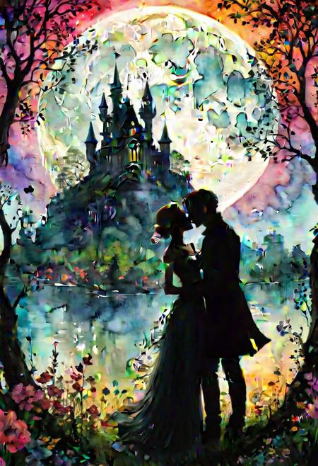 silhouette "a man and a woman":1.4  kissing in front of a full moon,
A silhouette of a castle is floating over the upper part of moon. (colorful Silhouettes of close up trees and flowers around the canvas). fairytale artwork, watercolor effect, in front of a pale full moon, still from a music video, grasping intricate filigree, or perhaps a fairy tale,realms, featured art, anthropomorphic. Splash effect in the background. masterpiece.
