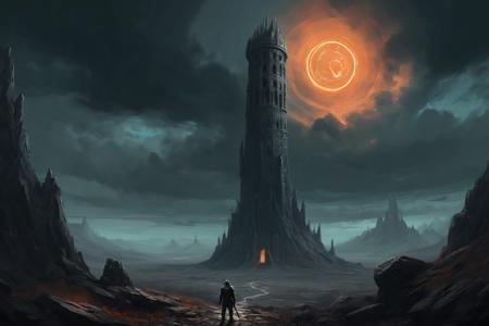 A digital painting depicting a dark and sinister landscape inspired by the Dark Souls and Grimdark aesthetic. A solitary astronaut, standing before a malevolent ancient tower. The tower is etched with mysterious, luminous runes and encircled by floating, ominous rocks. Overhead, the sky churns with oppressive clouds hinting at an approaching storm. The terrain is harsh, strewn with sharp rocks, and permeated with a sense of desolation. The color scheme is dominated by dark grays, deep oranges, and intermittent flashes of teal from the glowing runes. The digital art style should be detailed and atmospheric, with strong contrasts, intricate textures, and a palpable sense of decay and forgotten lore.