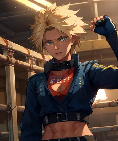 Shina,spiked blonde hair,muscular,abs ,blue eyes, tanned skin,  standing, fist up, serious expression,  close up
ShiGea,red crop top,fingerless gloves ,cropped long sleeved jacket,belt,boots, dark blue attire,cleavage,
steel cage arena, lights, moonlight,
(insanely detailed, beautiful detailed face, masterpiece, best quality) cinematic lighting,   <lora:Shina:0.8>