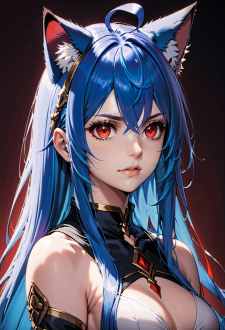 AnidskXL, 1girl, animal ears, blue hair, cat ears, facial hair, long hair, looking at viewer, miqo'te, nude, parted lips, red eyes, shadow, slit pupils, solo, upper body, <lora:AnimeSDXLv1:0.8>