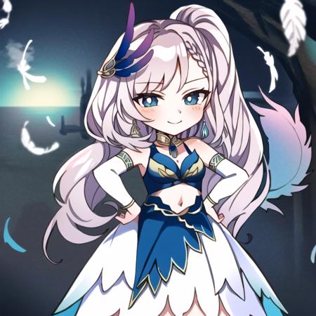 masterpiece, 4k, (best quality), (highly detailed),mature,a picture of reine-main-outfit, smirk, dress, feathers, feather hair ornament, (chibi:1.2), (chibi style:1.5), hands on own hips , <lora:Pavolia Reine:1>