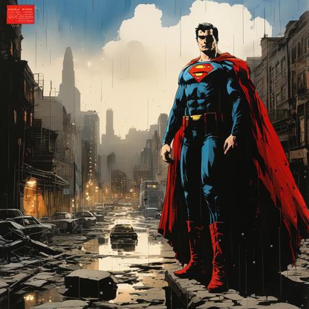 score_9, score_8_up, score_7_up, style of Frank Miller, Superman, hand on hips, facing viewer, heroic pose, rad cape flapping, masculine, hero physique, city background, traditional media, detailed, masterpiece,