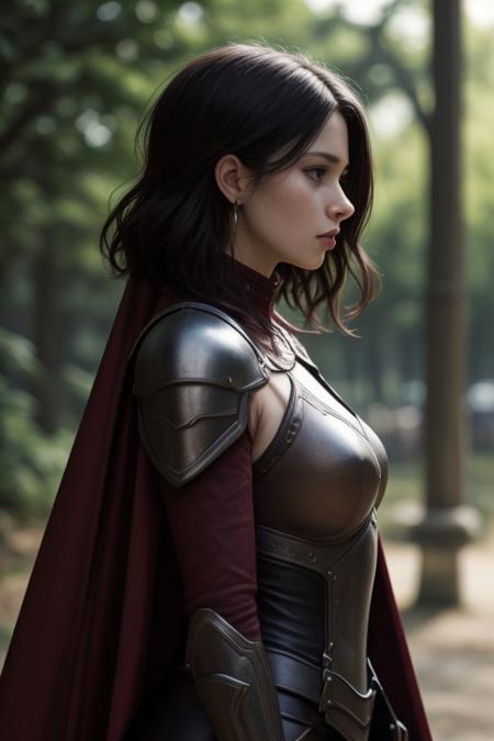 1girl, weapon, sword, solo, armor, holding, holding weapon, holding sword, earrings, cape, jewelry, blurry background, shoulder armor, brown hair, blurry, breasts, medium breasts,  pauldrons, profile, science fiction, outdoors, from side, parted lips, artist name, zPDXL3, detailxl,  Score_PnyReal,