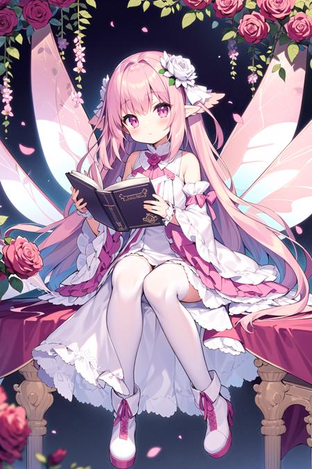 (pink theme),1girl, solo, flower, pink hair, long hair, wings, white background, pink flower, hair ornament, book, pink eyes, sitting, hair flower, dress, frills, simple background, white footwear, looking at viewer, bangs, petals, wide sleeves, full body, blue flower, holding, boots, long sleeves, closed mouth, very long hair, open book, wrist cuffs, white dress, holding book, butterfly wings, rose, pink rose, blush, purple flower, frilled dress, fairy wings, frilled sleeves