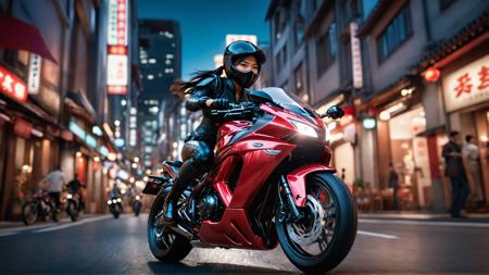cinematic film still Wide angle hi res HDR cinematic movie still of  a  (Japanese female ninja speeding on a futuristic motorbike:1.2), motion blur on the wheels, night time, Dynamic composition, Neon lit downtown streets, Billowing costume, (Speed tails trailing bike:1.3), Futuristic cityscape, Action-packed scene, Vibrant colors, great lighting.  <lora:great_lighting:0.6> <lora:detailed_notrigger:0.8> <lora:attractive_notrigger:0.4> <lora:dare_complex_color_notrigger:0.6> . shallow depth of field, vignette, highly detailed, high budget, bokeh, cinemascope, moody, epic, gorgeous, film grain, grainy