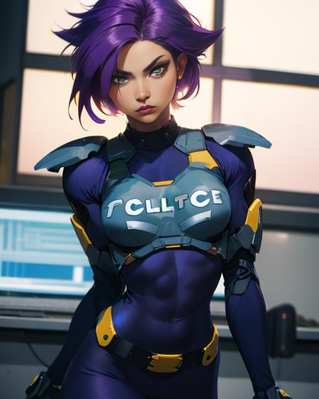 Kanoko, spiked hairstyle,  short purple hair with bangs, dark-skinned,  green eyes,makeup, (solo1:2) , serious expression, abs, standing, close up,  upper body,
KanArmor, navy blue tight bodysuit ,grey shoulder pads, grey knee pads,,fingerless gloves,cybercop,
police station, window, 
(insanely detailed, beautiful detailed face, masterpiece, best quality)     <lora:Kanoko-10V2:0.7>