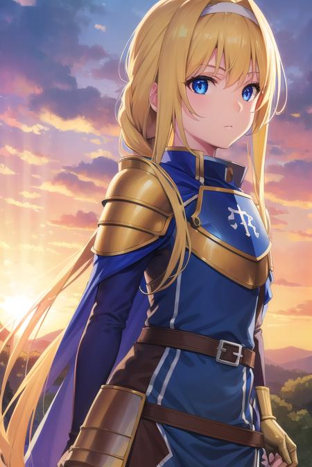 alicezuberg, <lora:alicezuberg-lora-nochekaiser:1>, 
alice zuberg, bangs, blue eyes, blonde hair, hair between eyes, very long hair, braid, hairband, white hairband,
BREAK dress, cape, armor, blue dress, shoulder armor, gauntlets, pauldrons, breastplate, armored dress, faulds, blue cape, knight, gold armor, body armor,
BREAK outside, forest, nature, sun, sky,
BREAK looking at viewer, (cowboy shot:1.5),
BREAK <lyco:GoodHands-beta2:1>, (masterpiece:1.2), best quality, high resolution, unity 8k wallpaper, (illustration:0.8), (beautiful detailed eyes:1.6), extremely detailed face, perfect lighting, extremely detailed CG, (perfect hands, perfect anatomy),