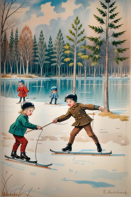 elsabeskow style, children skating on a lake, masterpiece, 4k, sharp focus,  <lora:elsabeskow:0.8>