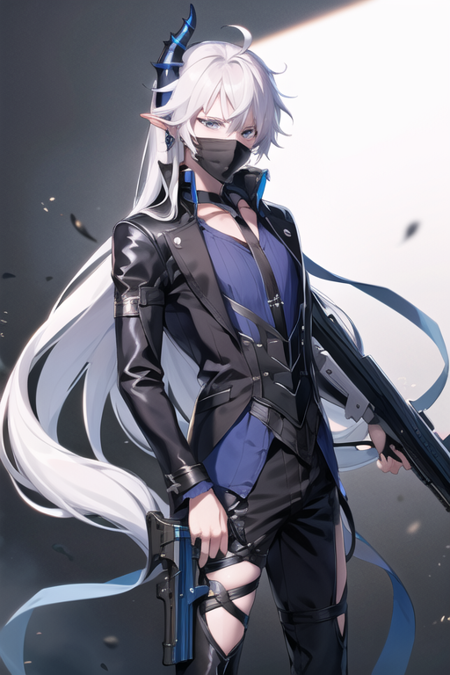 <lora:CielElsword-09:0.7>, ciel, solo, blue eyes, white hair, mask, very long hair, horns, assault rifle, rifle, gun